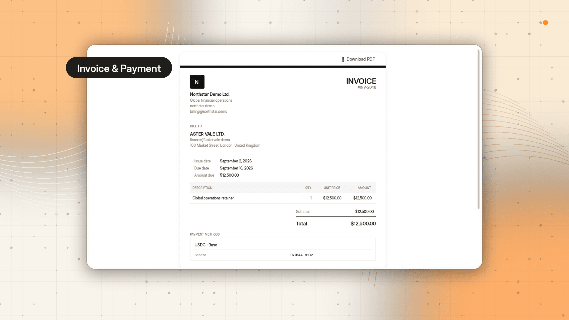 Hanko demo invoice and payment details, presented on the original orange and cream showcase background