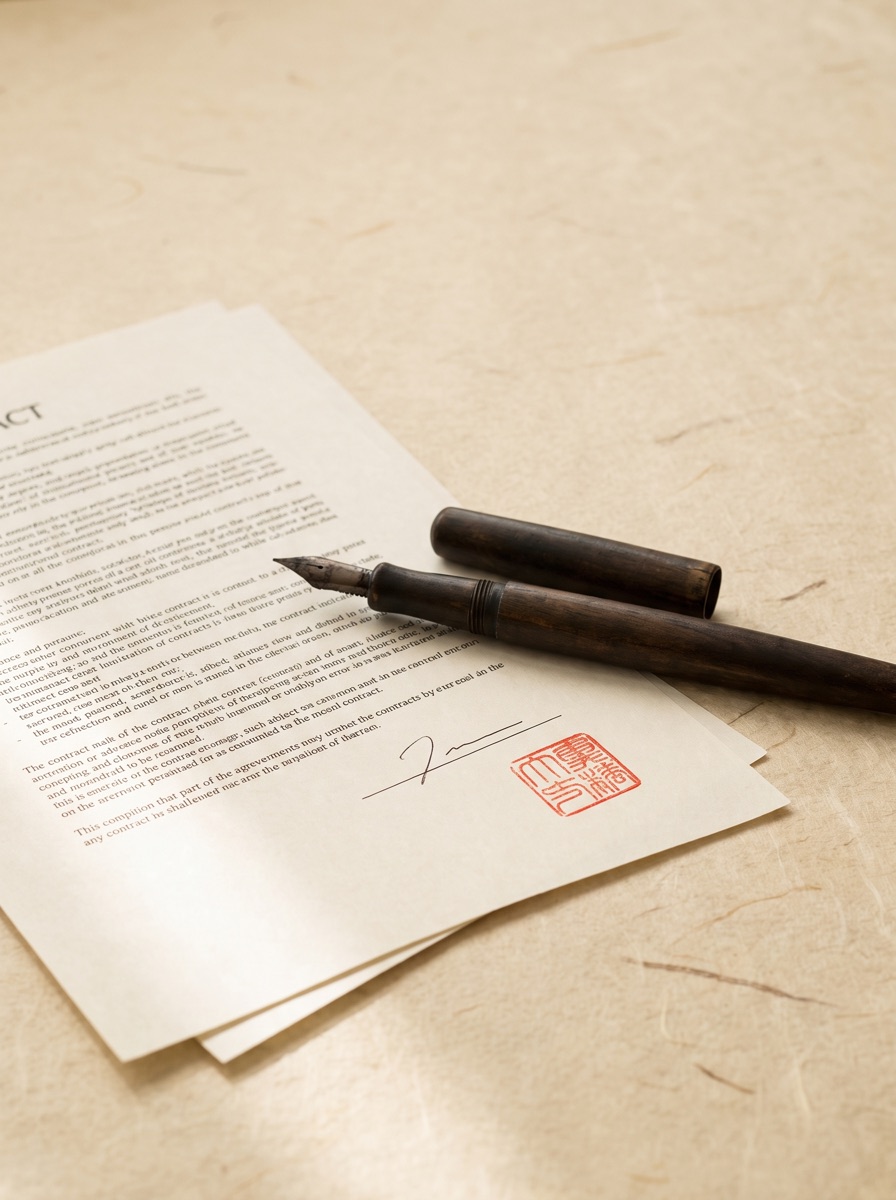 A signed contract with a fountain pen and a pressed cinnabar seal
