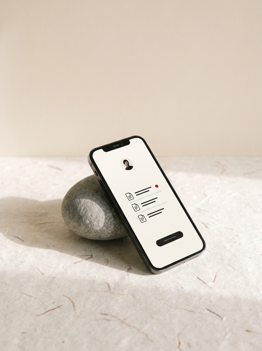 A client portal on a phone propped against a river stone