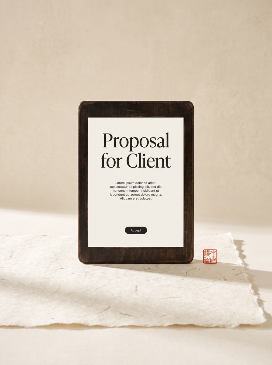 A branded client proposal on a tablet, resting on washi paper beside a cinnabar seal